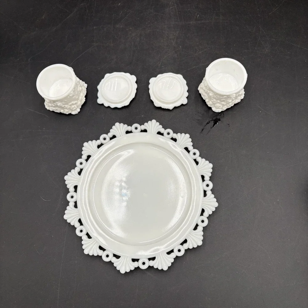 Lot Of 4 Antique Jenny Lind Fostoria Vanity Pieces Milk Glass & Dish